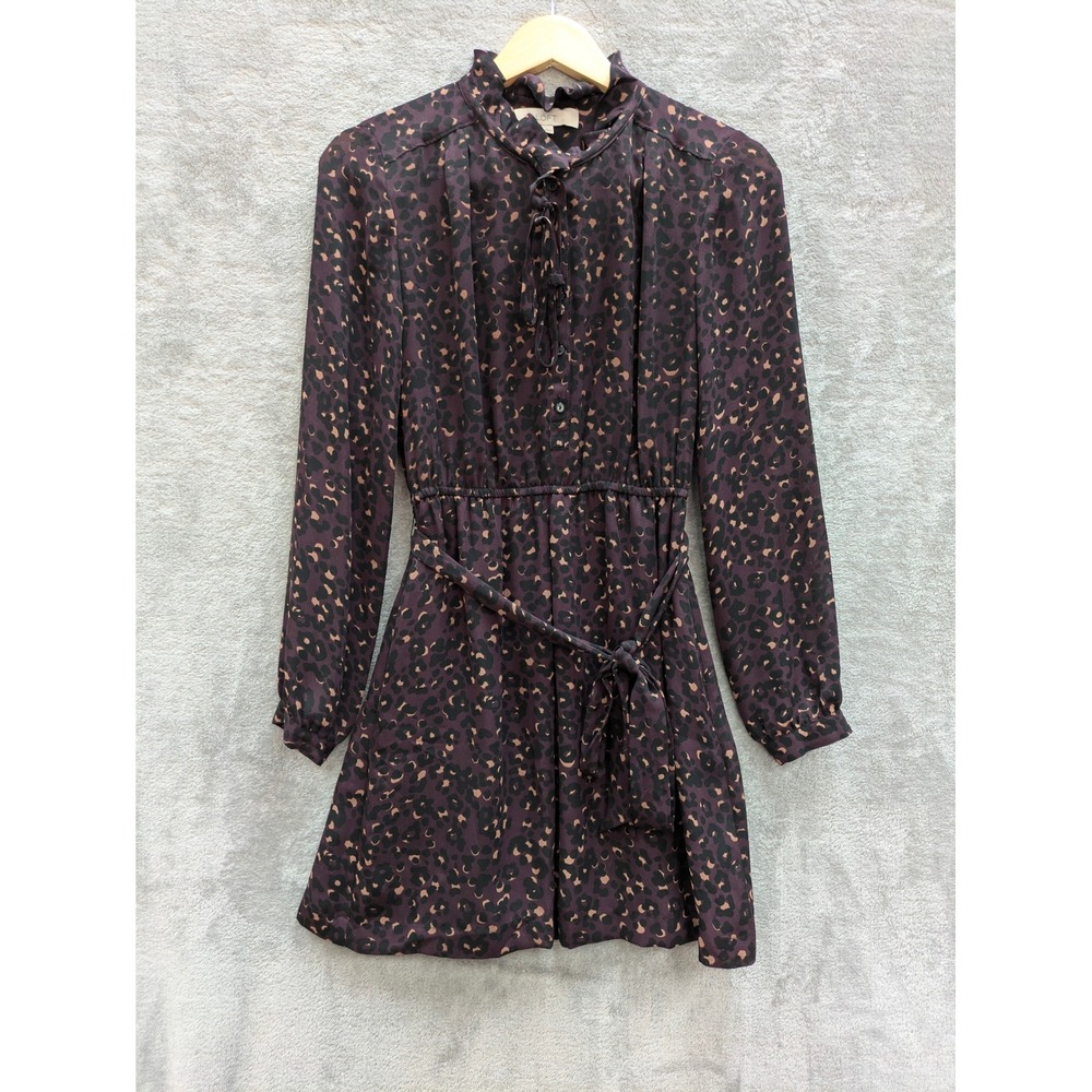 Boho Leopard Print Mini Dress Womens Size 0 Purple Animal Print Long Sleeve LOFT